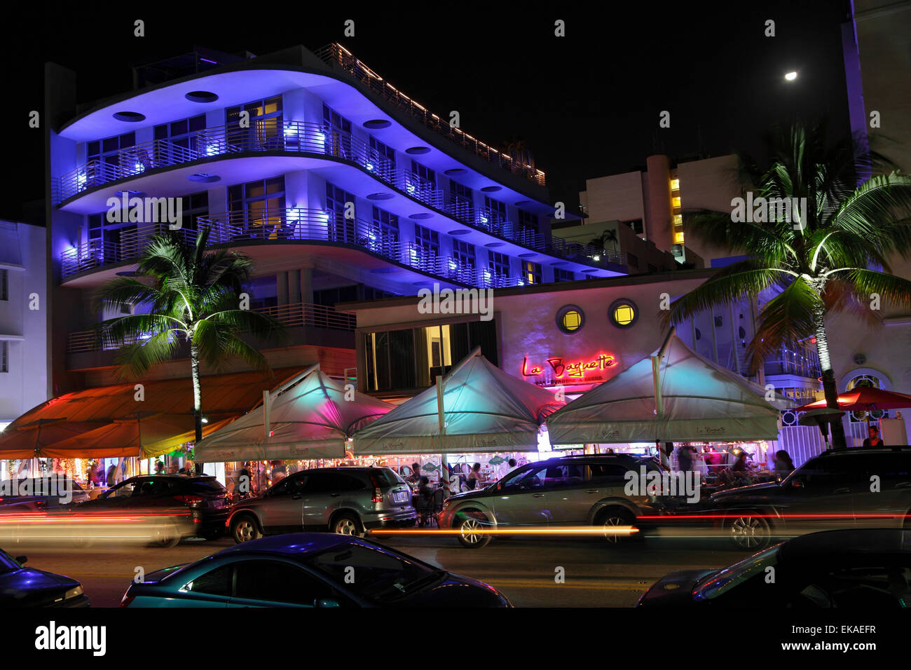 Ocean Drive at night, South Beach, Miami Beach, Florida, USA Stock Photo