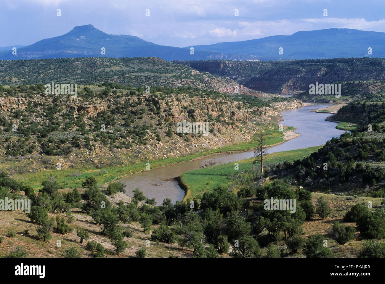 An idyllic view of the Chama River and Pedernal Peak in the Chama Wilderness Area near Abiquiu, New Mexico in summer. Stock Photo