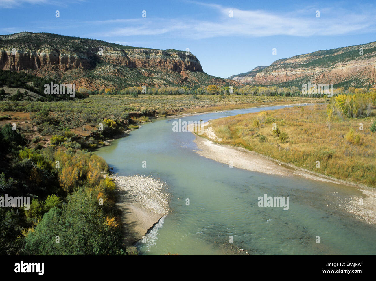 An idyllic view of the Chama River Wilderness Area near Abiquiu, NM in September. Stock Photo