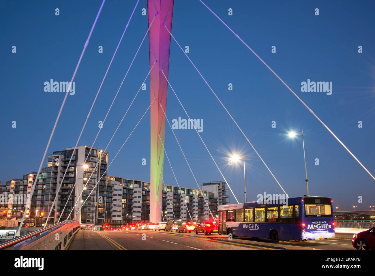 Traffic crossing the Clyde Arc (Squinty) Bridge at night Stock Photo