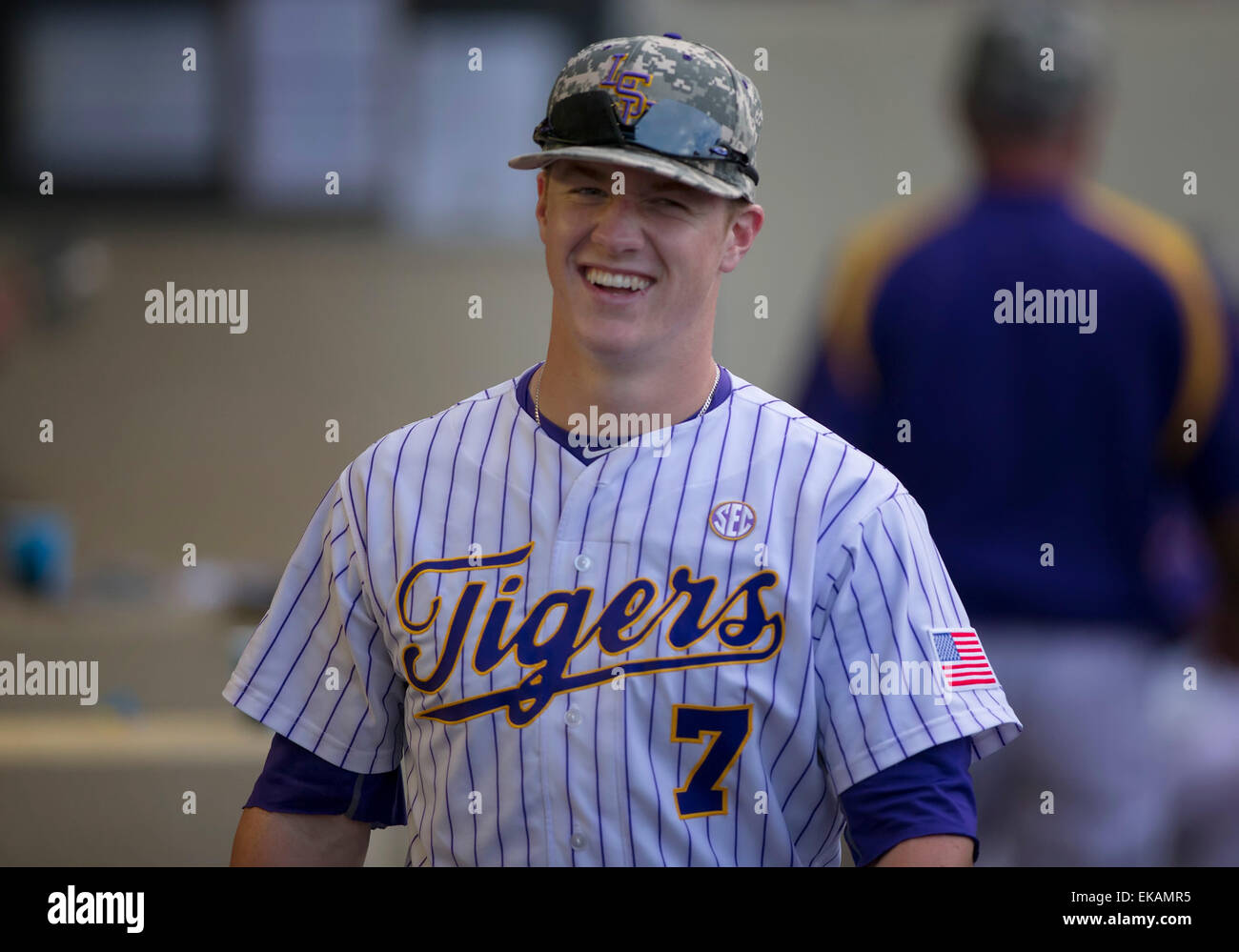 Rouge, LA, USA. 7th Apr, 2015. LSU infielder (7) during the game between LSU and New Orleans at Alex Box Stadium in Baton Rouge, LA. LSU defeats New 11-2 ©