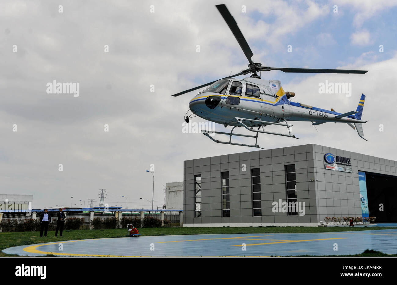 Ningbo. 9th Apr, 2015. A helicopter flies in a demonstration flight at a helicopter store in Ningbo, east China's Zhejiang Province, April 8, 2015. The helicopter store was open on Wednesday. Credit:  Xinhua/Alamy Live News Stock Photo