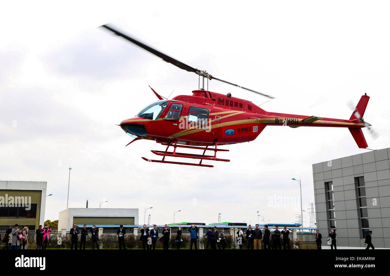 Ningbo. 9th Apr, 2015. A helicopter flies in a demonstration flight at a helicopter store in Ningbo, east China's Zhejiang Province, April 8, 2015. The helicopter store was open on Wednesday. Credit:  Xinhua/Alamy Live News Stock Photo