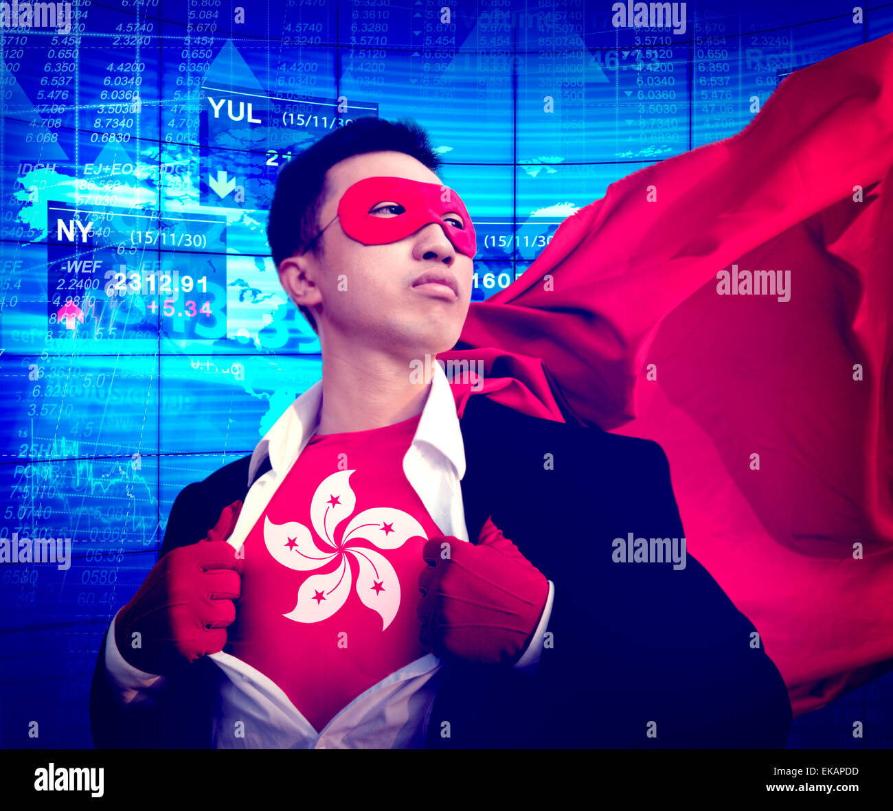 Superhero Businessman Hong Kong Stock Market Concept Stock Photo
