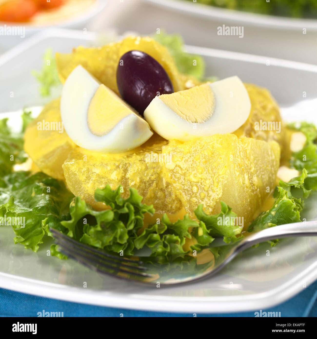 Peruvian appetizer called Papa a la Huancaina made of cooked potatoes