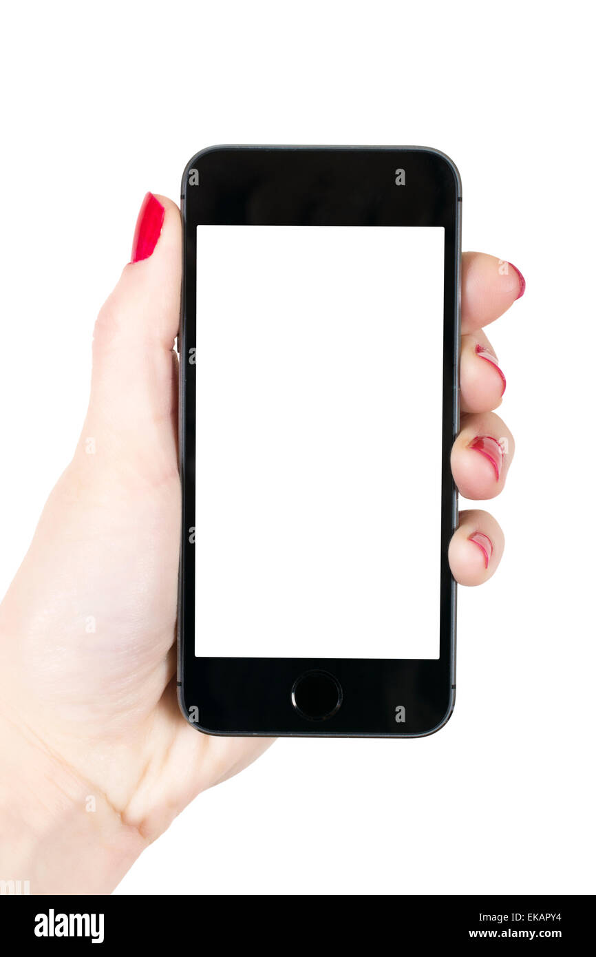 Female holding modern smartphone in hand with blank screen Stock Photo ...