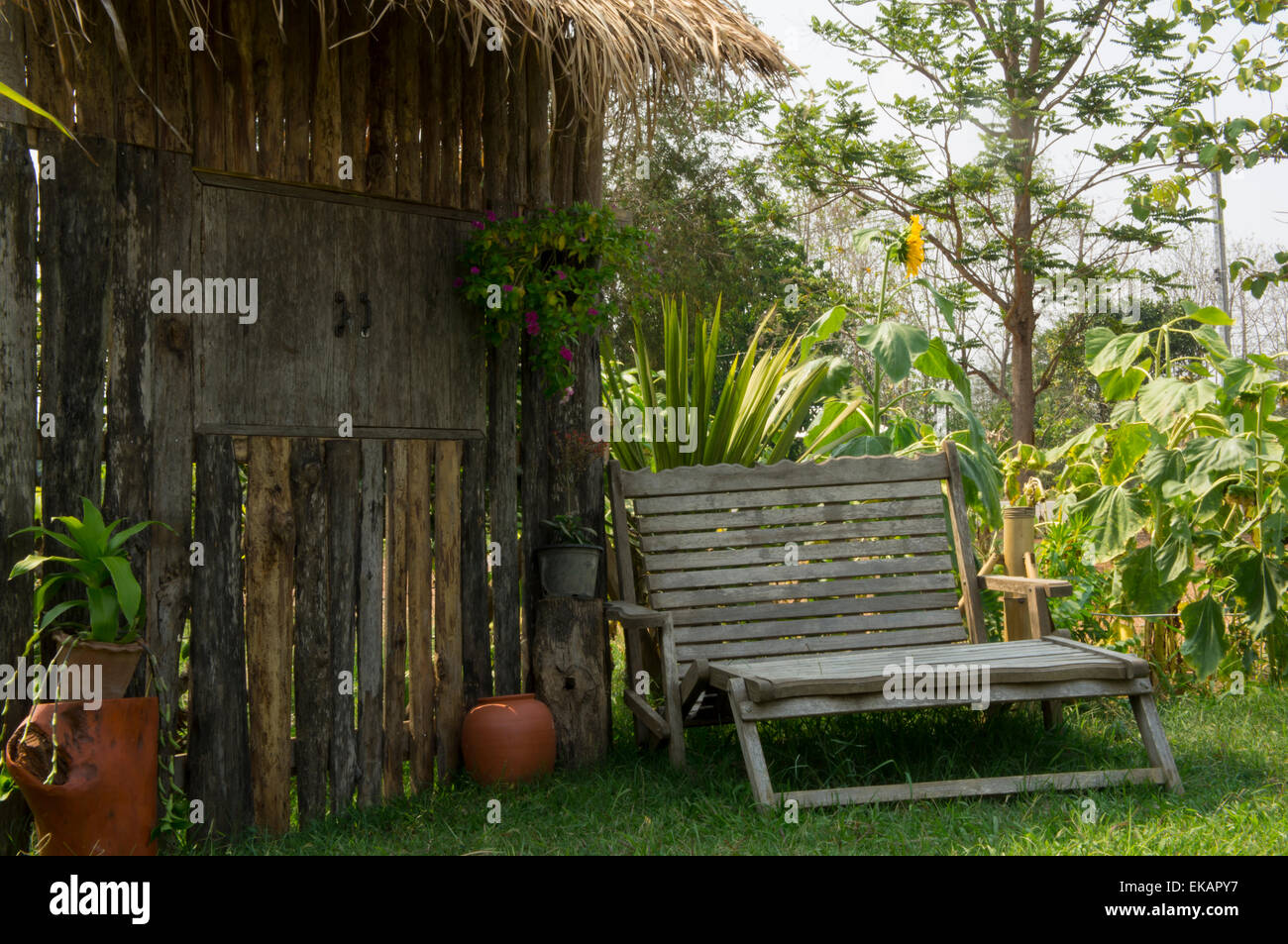 seat welcome wooden decoration outdoor Stock Photo