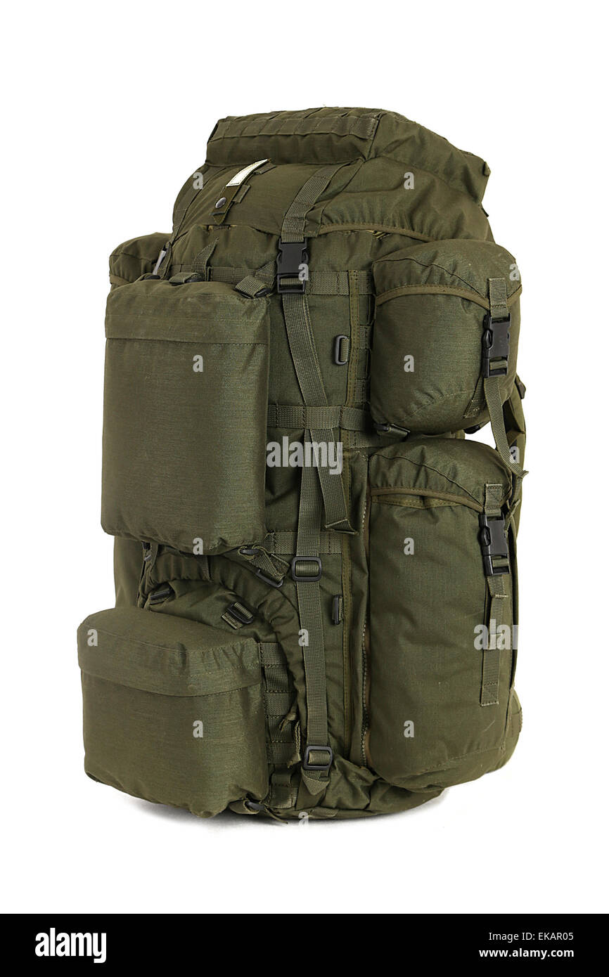 Military backpack isolated on white. Stock Photo