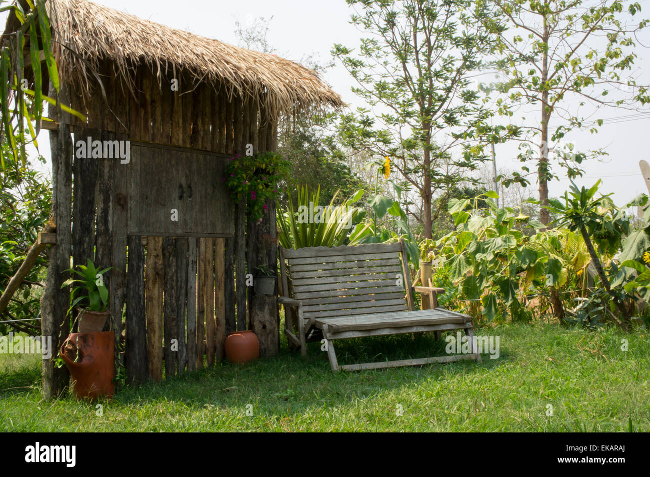 seat welcome wooden decoration outdoor Stock Photo