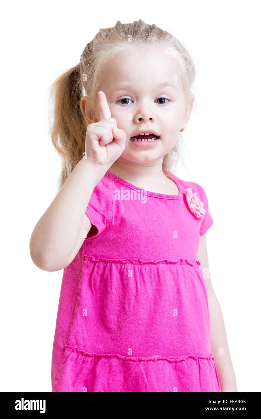 kid girl points one finger Stock Photo