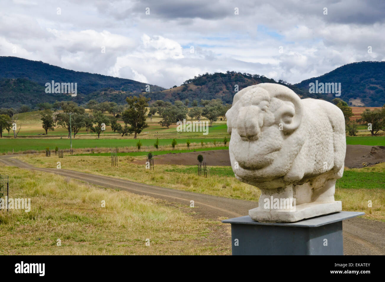 Model of a Merino Ram on a metal fence post Stock Photo