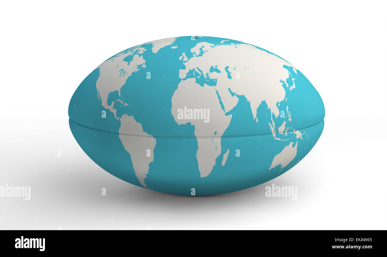 A plain white textured rugby ball with a world map printed on it on a isolated white background Stock Photo