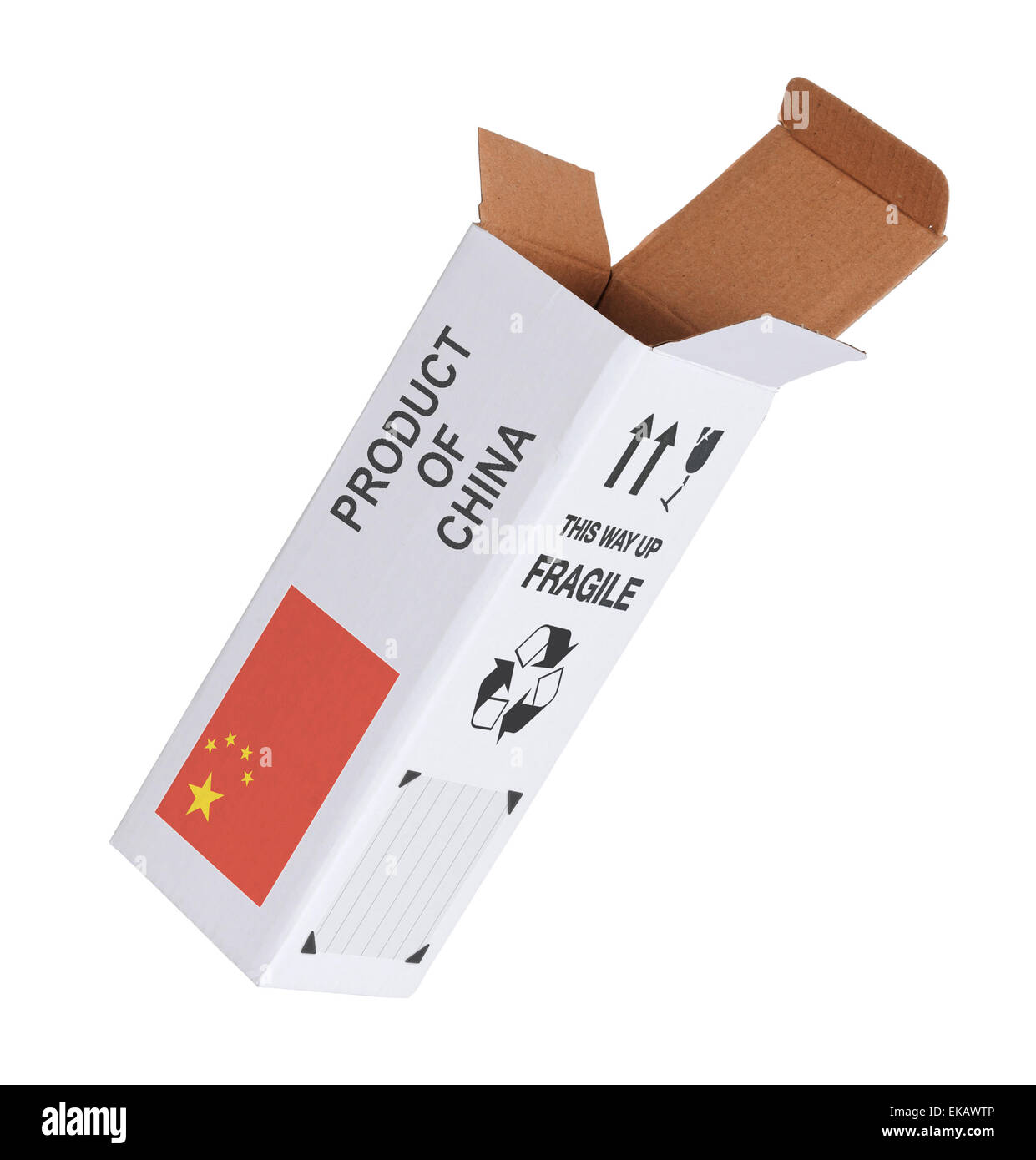 Concept of export, opened paper box - Product of China Stock Photo