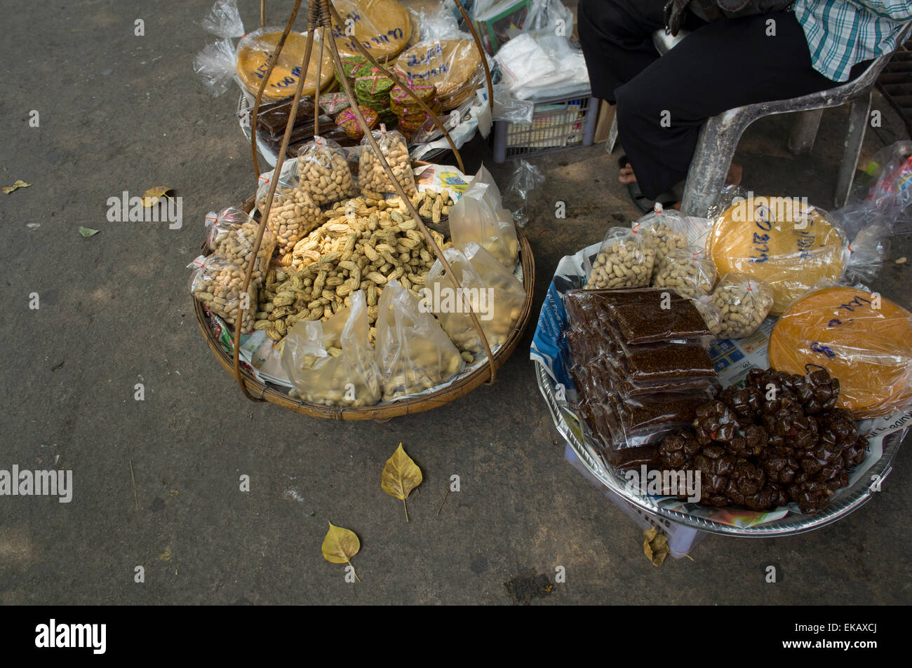 street food sidewalk snack peanut fish dry stall sale food cart street