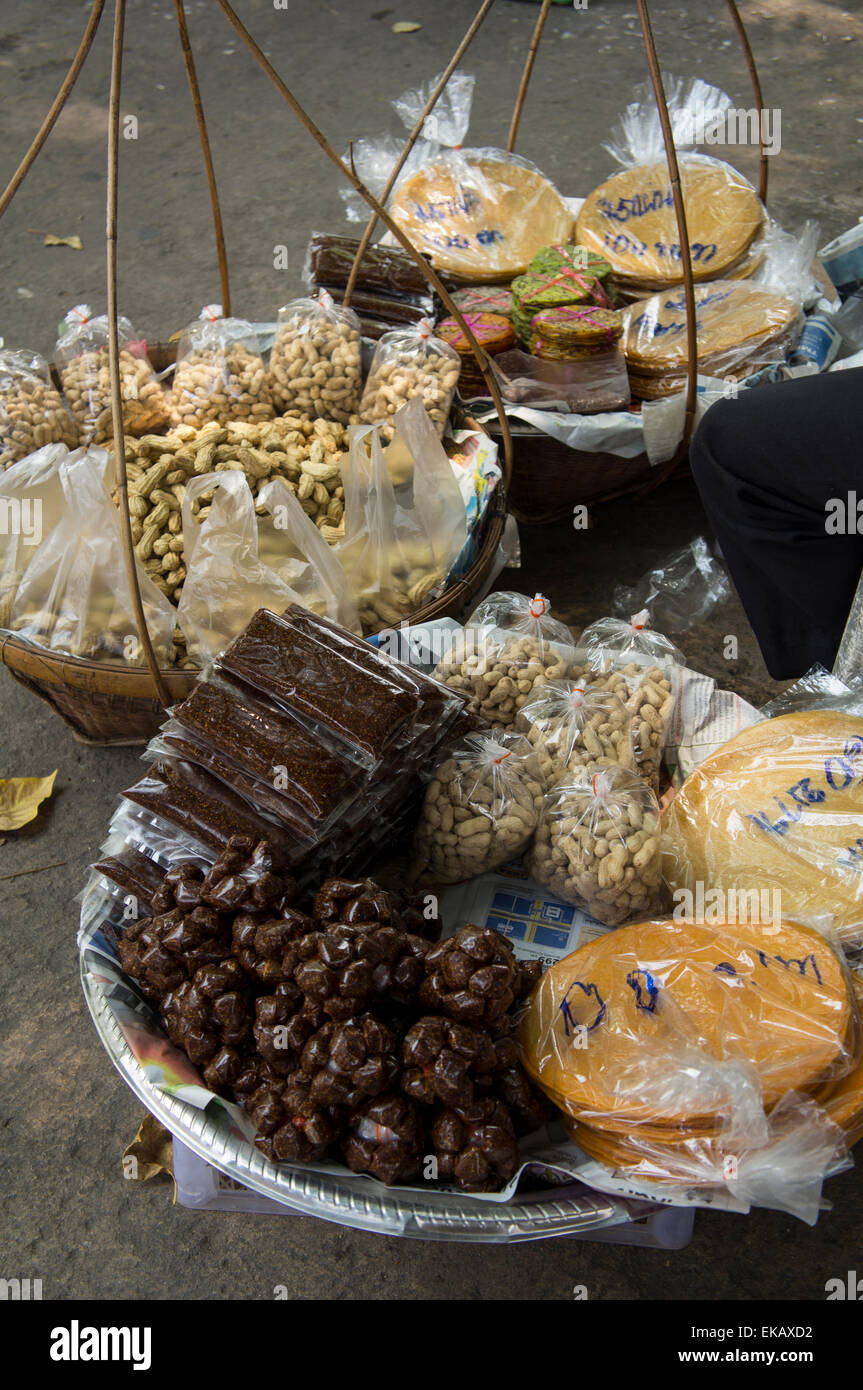 street food sidewalk snack peanut fish dry stall sale food cart street
