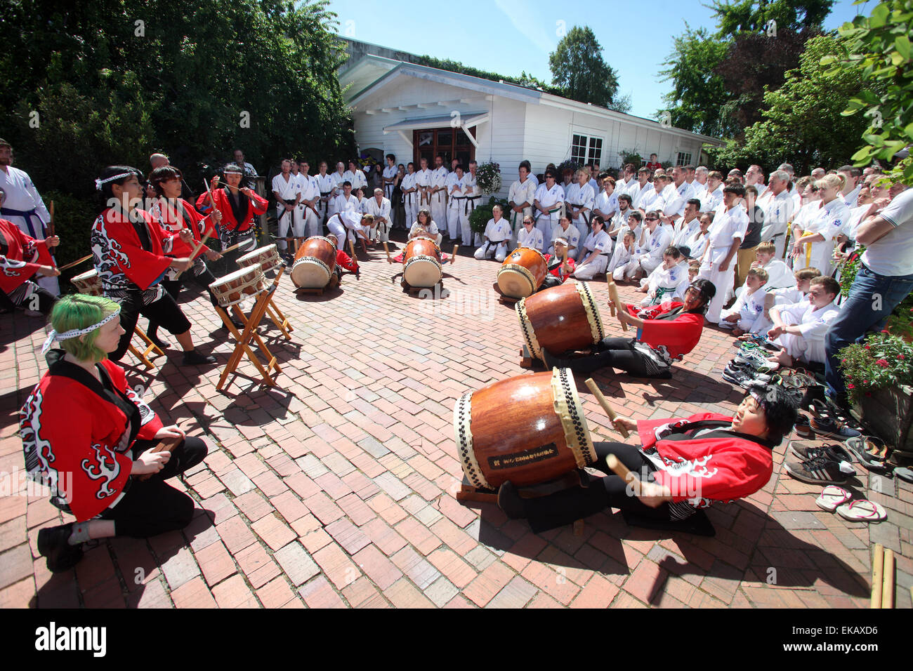 Japanese drummers at a karate dojo in Nelson, New Zealand Stock Photo
