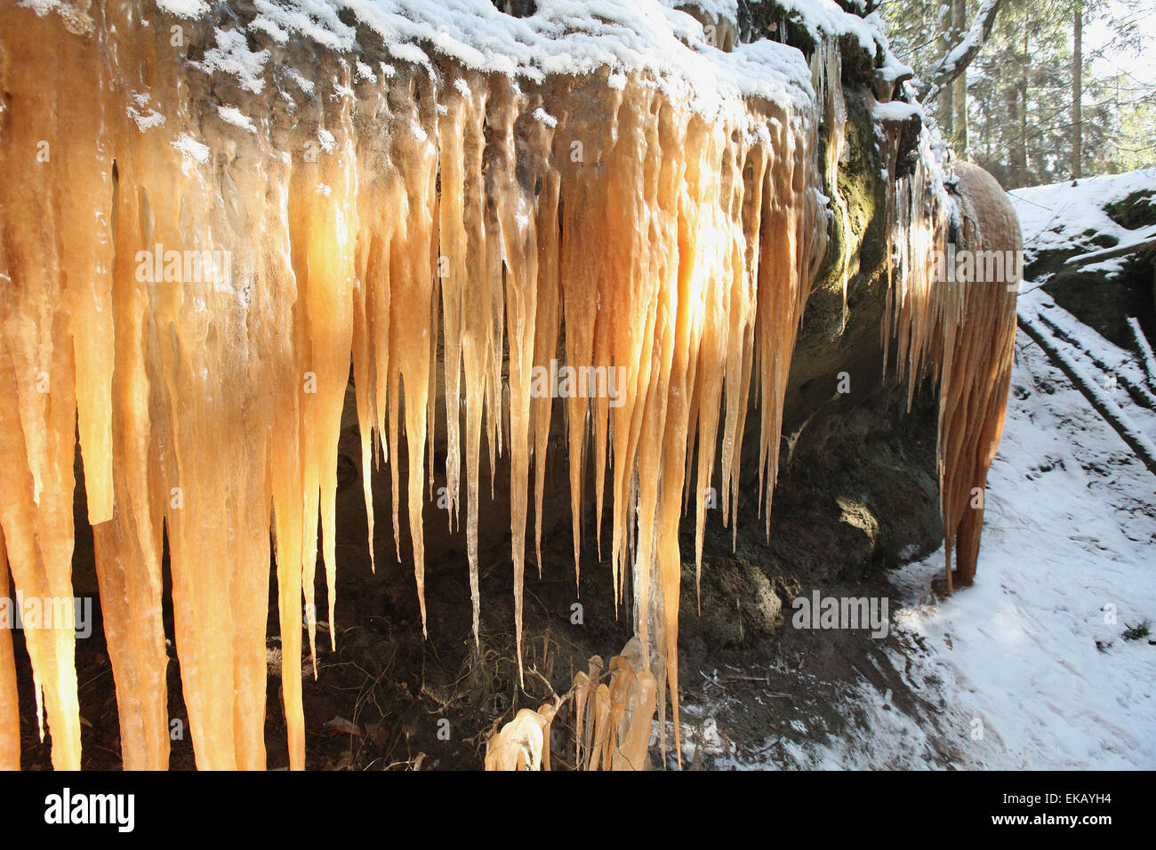 closeup colored of an icefall, Brtniky, Czech republic Stock Photo