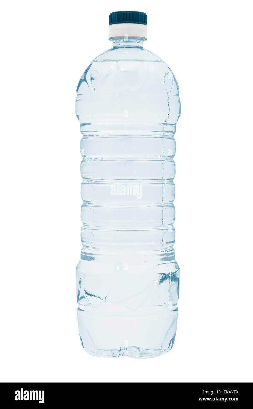 Pure mineral water in blue plastic bottle, isolated on white bac Stock Photo