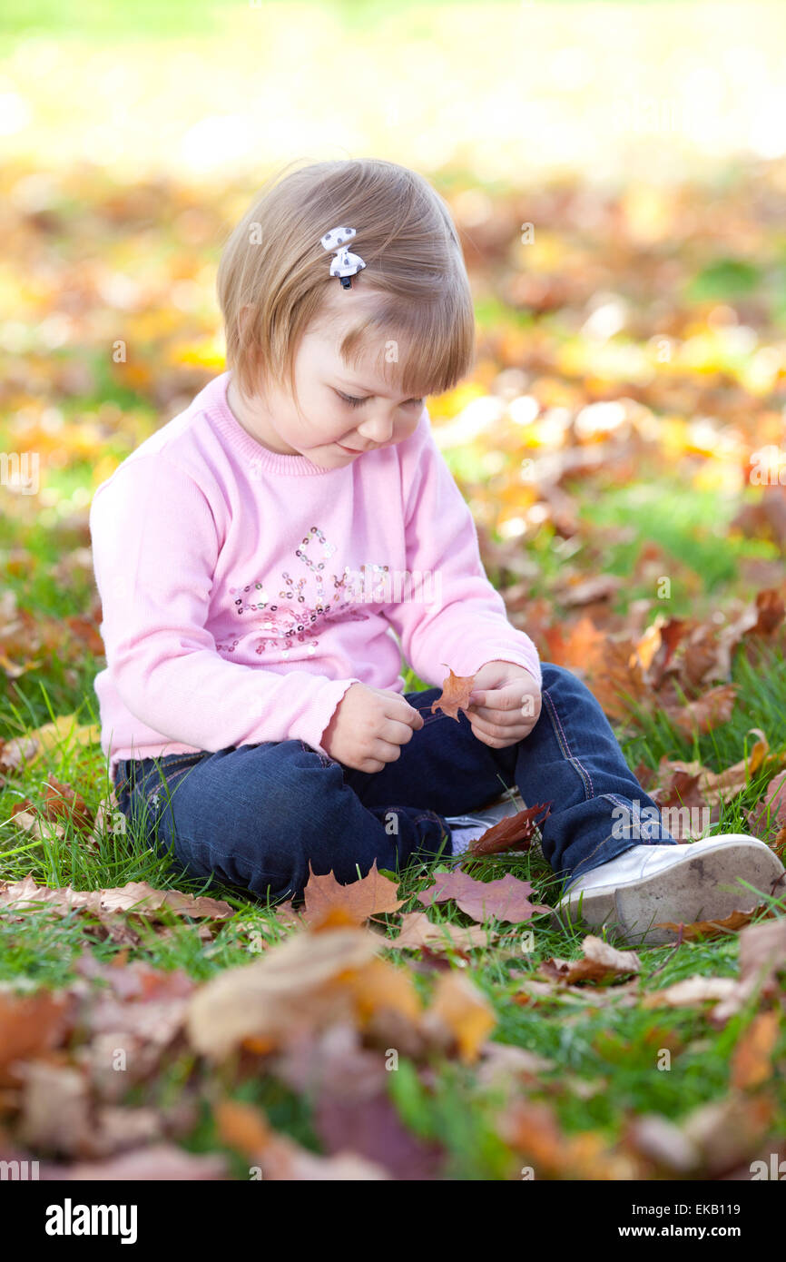 beautiful little girl sitting on the autumn leaves Stock Photo - Alamy