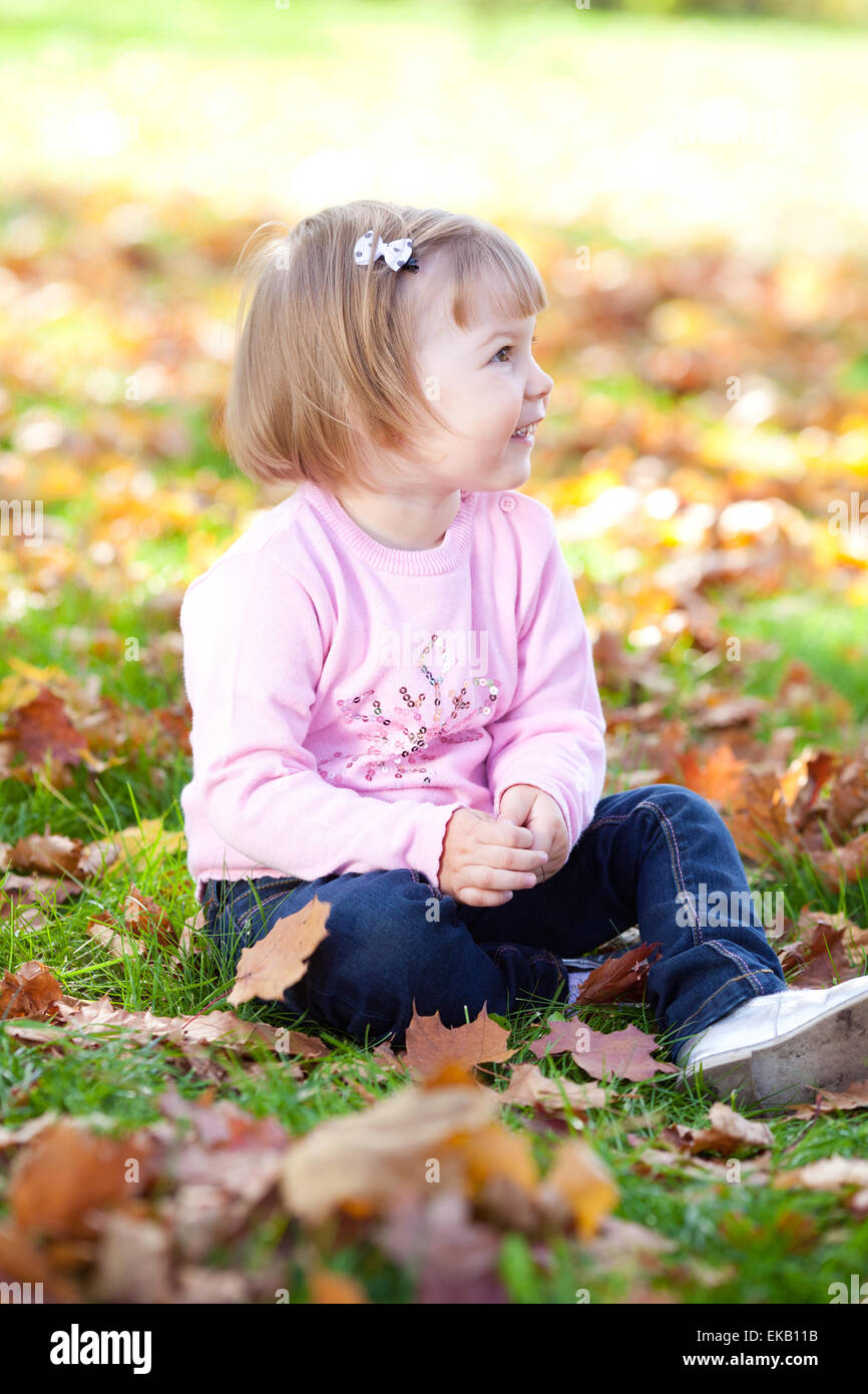 beautiful little girl sitting on the autumn leaves Stock Photo - Alamy