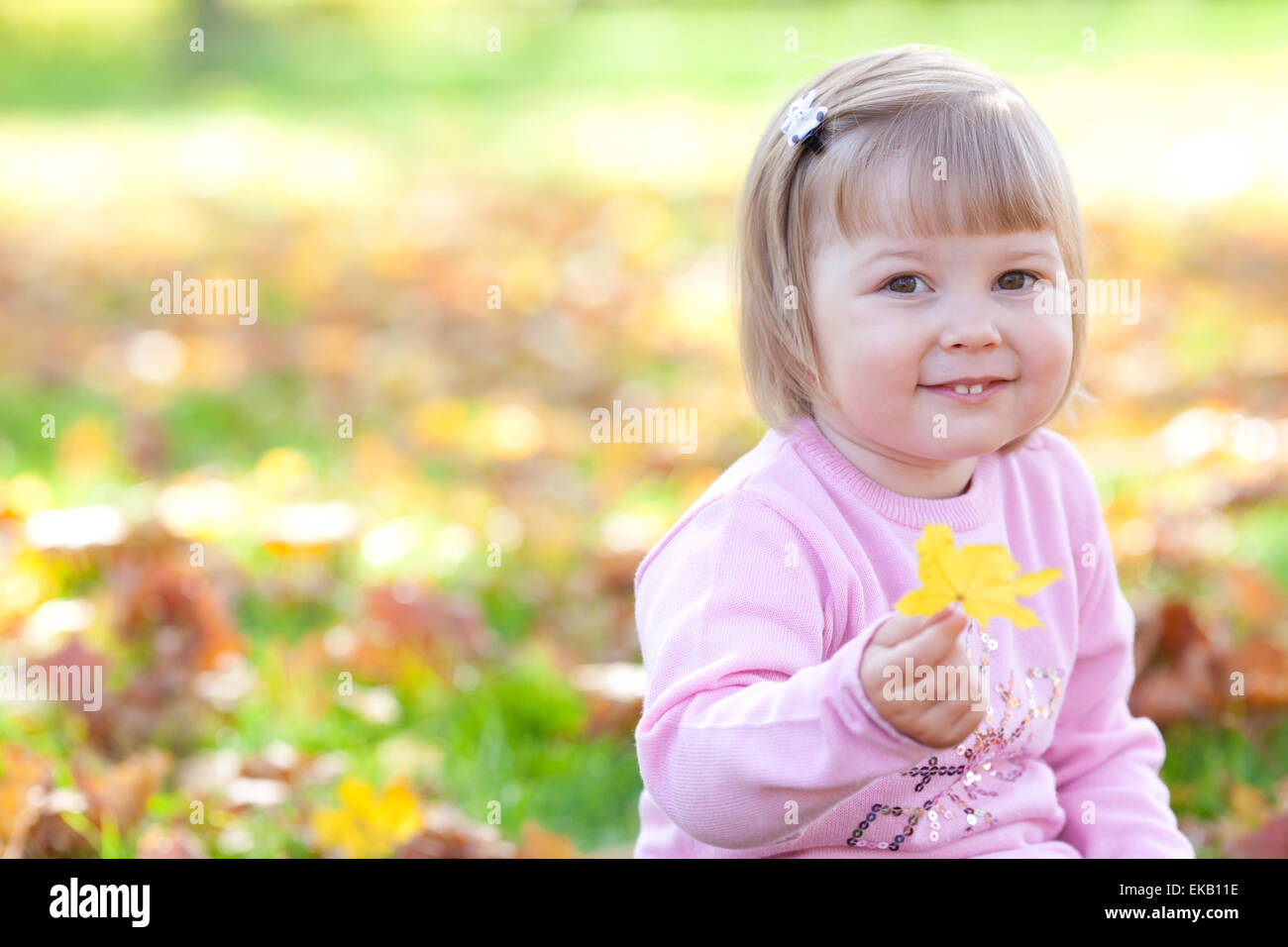 beautiful little girl sitting on the autumn leaves Stock Photo - Alamy
