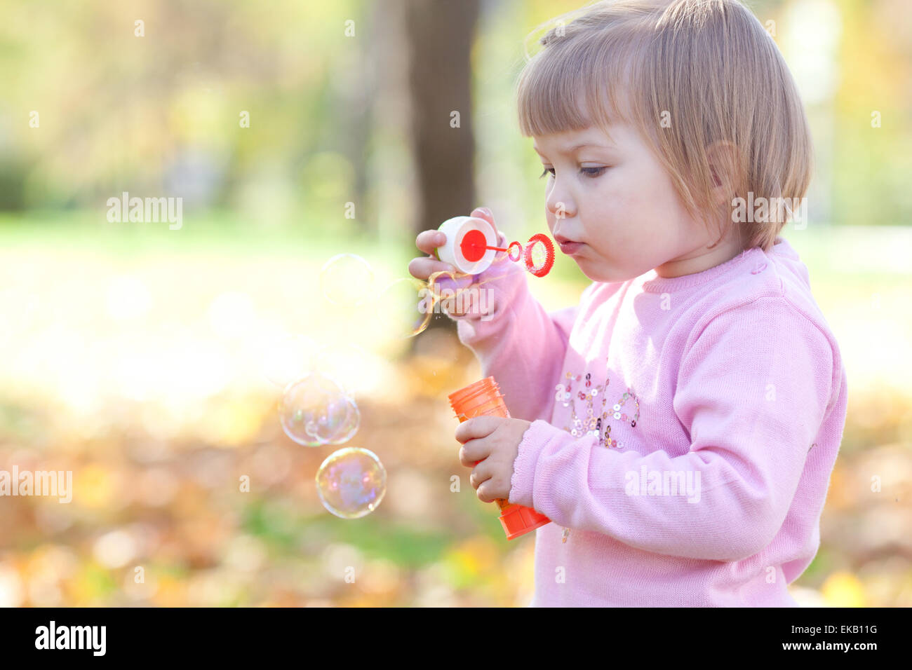 beautiful little girl making bubble blower on the autumn forest Stock ...