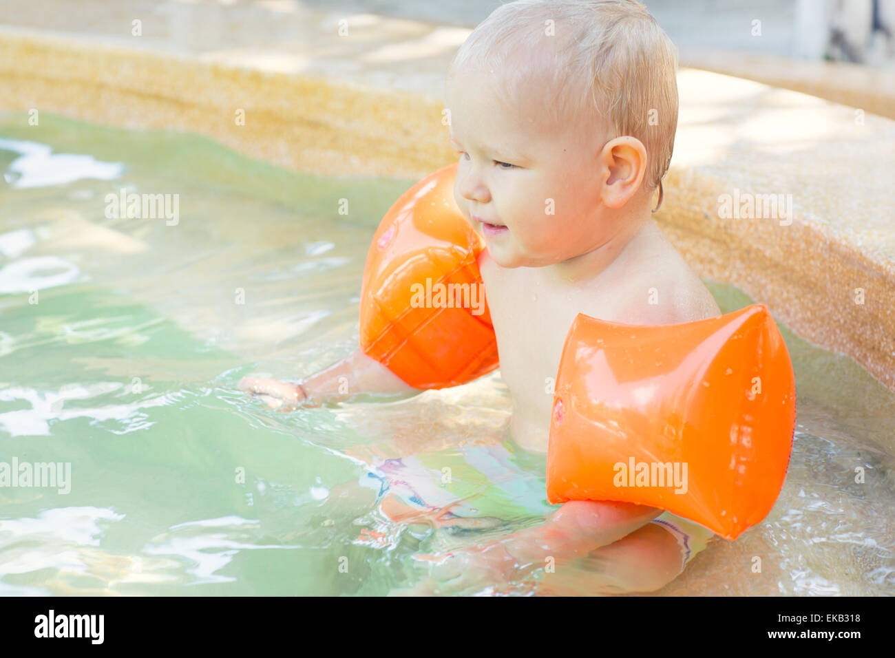 Baby with armbands in swimming pool Stock Photo Alamy