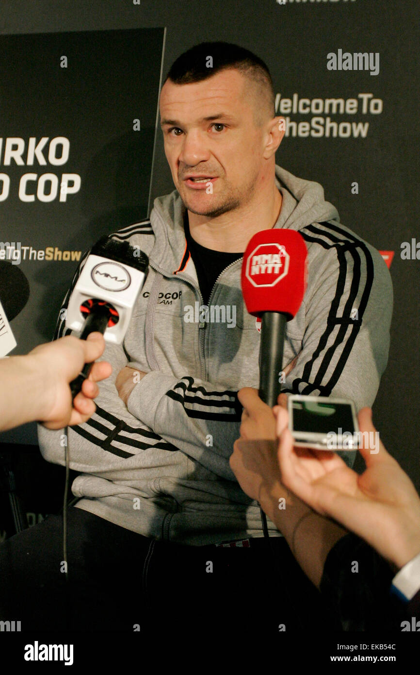 Krakow, Poland. 08th Apr, 2015. Mirko Cro Cop answers questions during an interview at a media day ahead of  UFC Fight Night: GONZAGA VS. CRO COP 2 at TAURON Arena  during UFC Fight Night: GONZAGA VS. CRO COP 2 at TAURON Arena Credit:  Dan Cooke/Alamy Live News Stock Photo