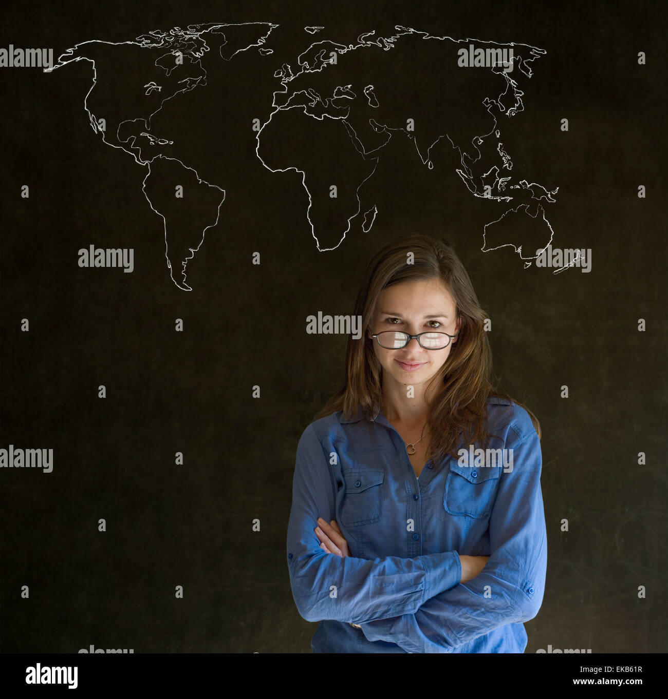 Businesswoman, teacher or student with world geography map on chalk background Stock Photo