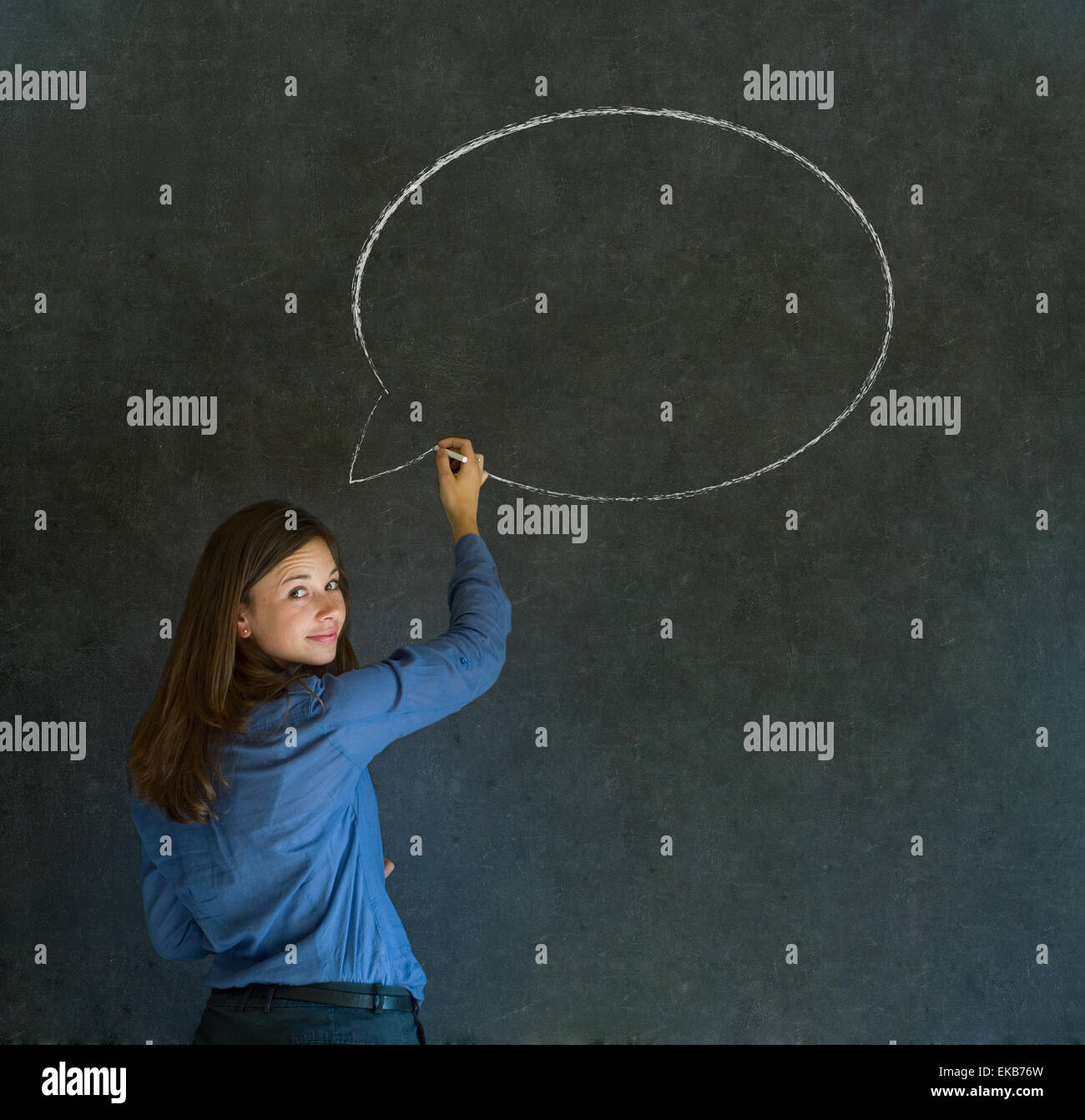 Woman with chalk speech bubble talk talking Stock Photo Alamy