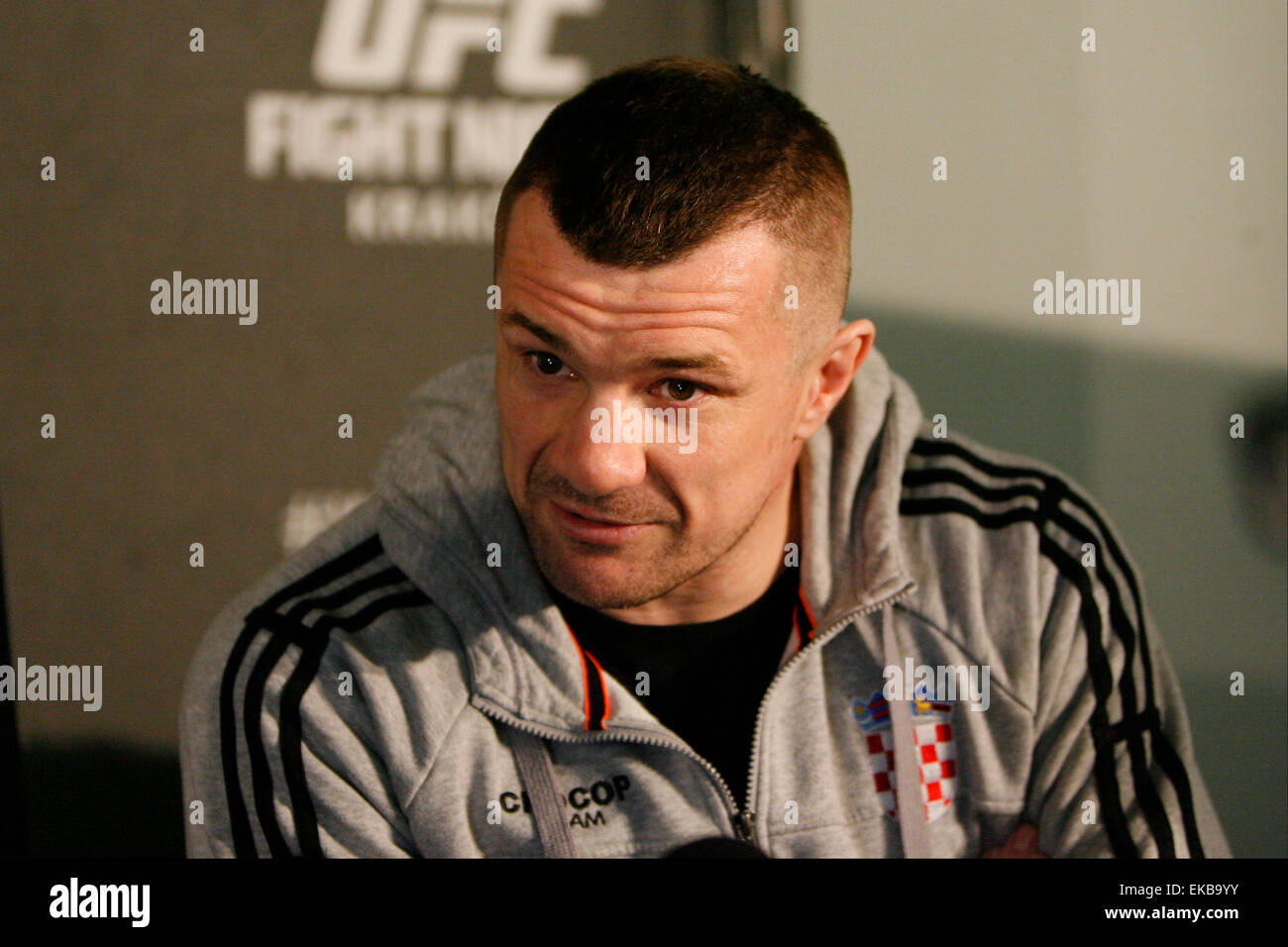 Krakow, Poland. 08th Apr, 2015. Mirko Cro Cop answers questions during an interview at a media day ahead of  UFC Fight Night: GONZAGA VS. CRO COP 2 at TAURON Arena  during UFC Fight Night: GONZAGA VS. CRO COP 2 at TAURON Arena Credit:  Dan Cooke/Alamy Live News Stock Photo