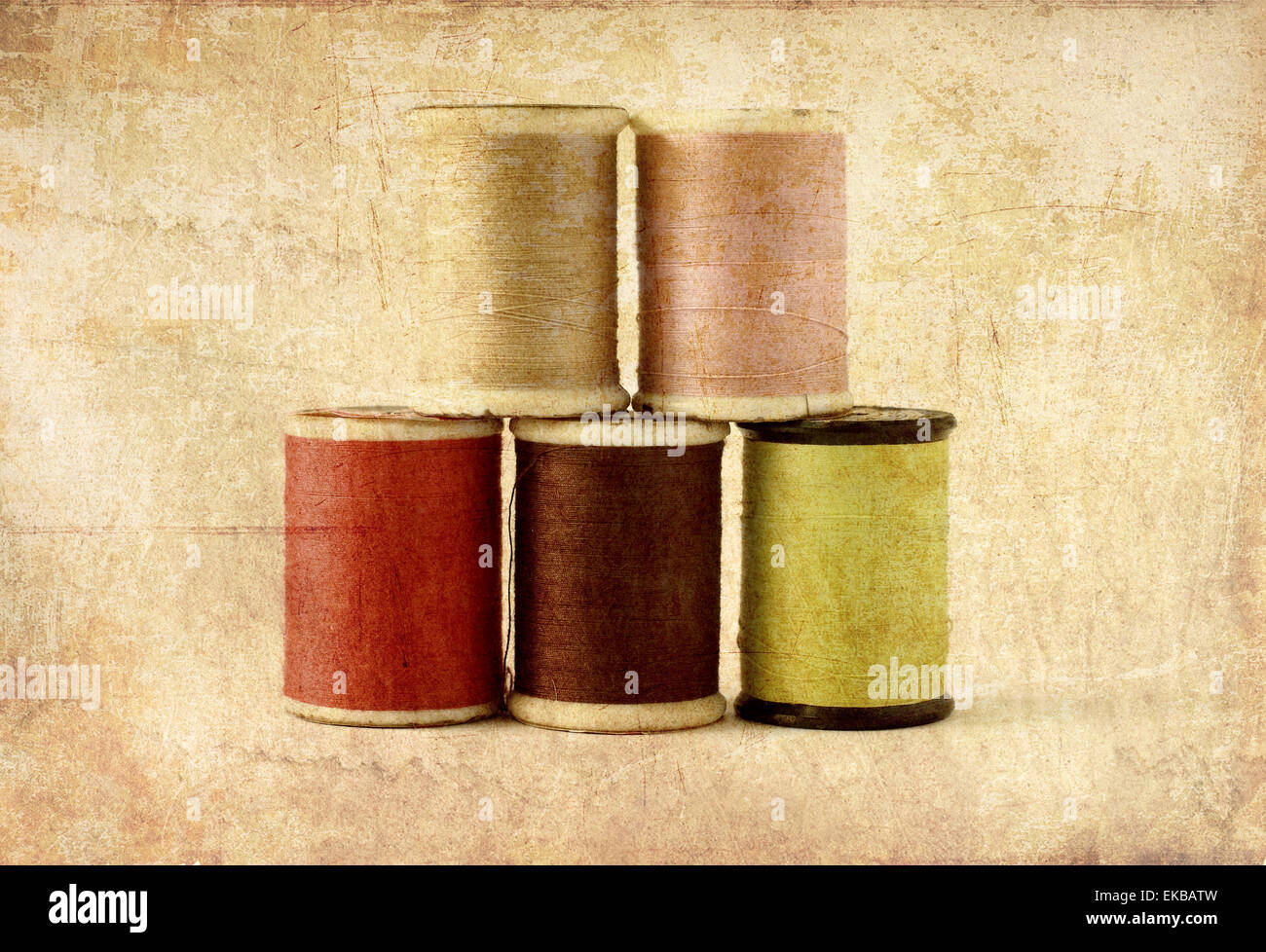 Different colors of thread spools, photo in old image style Stock Photo