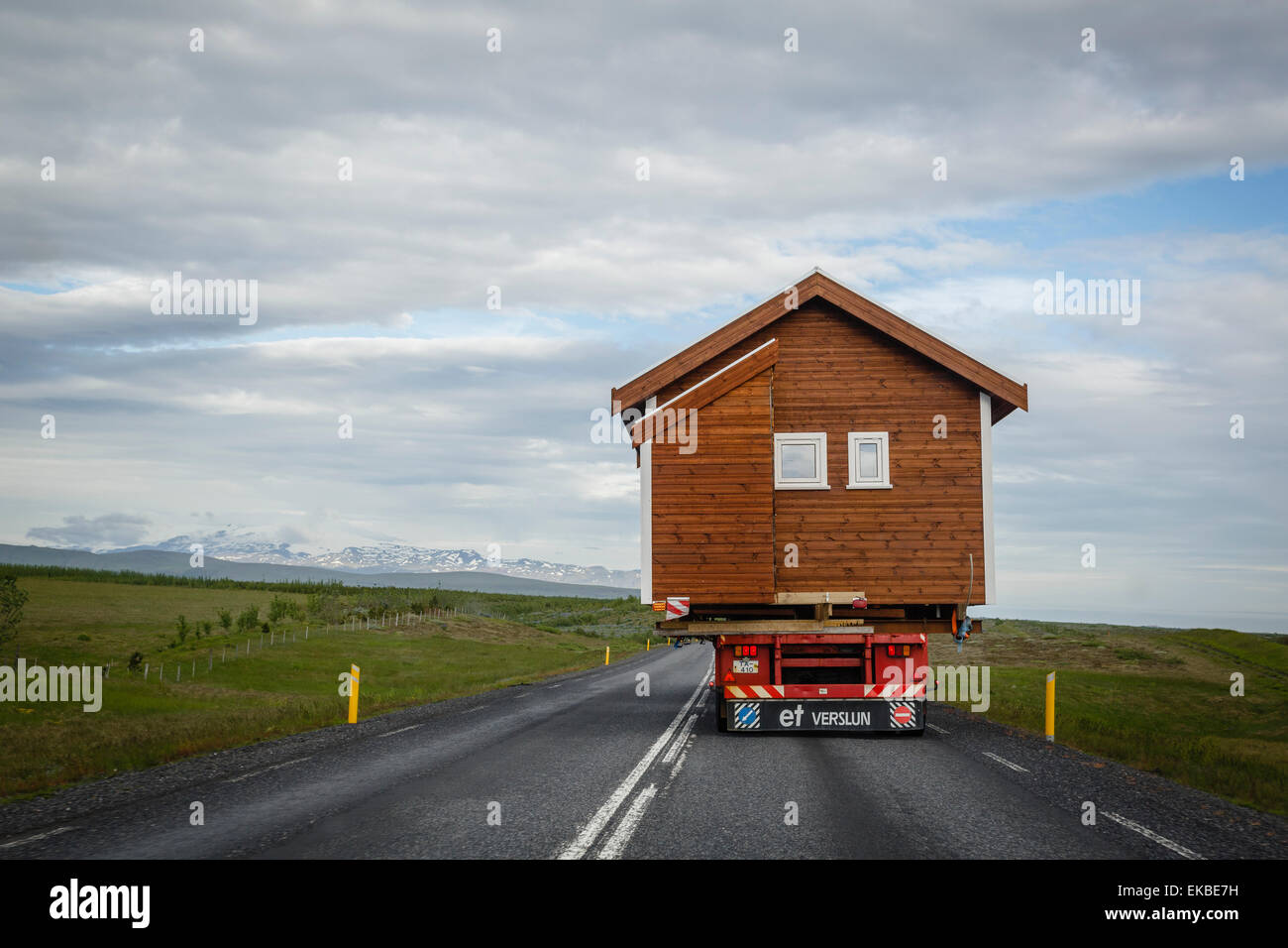 Wooden house being transported on a truck, South Iceland, Iceland, Polar Regions Stock Photo