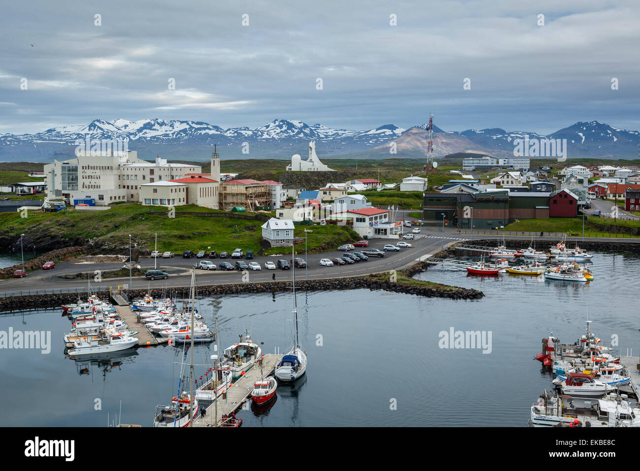 View over the fishing port and houses at Stykkisholmur, Snaefellsnes peninsula, Iceland, Polar Regions Stock Photo