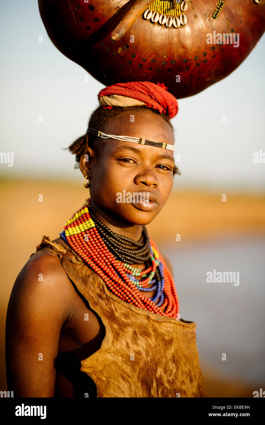 Portrait of Abua by the Omo River, Dassanech Tribe, Rate Village, Omorate, Omo Valley, Ethiopia, Africa Stock Photo
