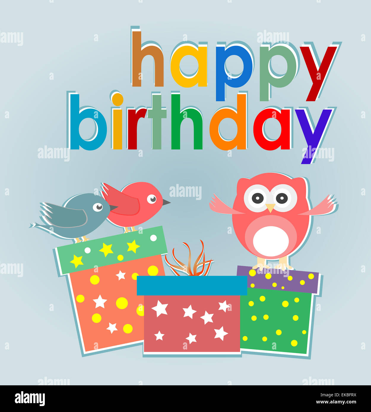 birthday party card with cute owl, birds and gift boxes - happy ...