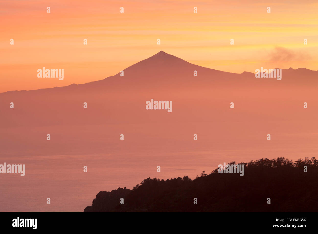 View from Gomera to Tenerife with Teide volcano at sunrise, Canary Islands, Spain, Atlantic, Europe Stock Photo