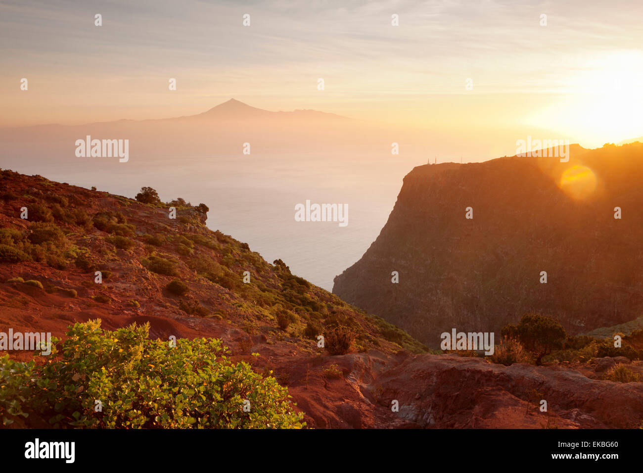 View from Gomera to Tenerife with Teide volcano at sunrise, Canary Islands, Spain, Atlantic, Europe Stock Photo