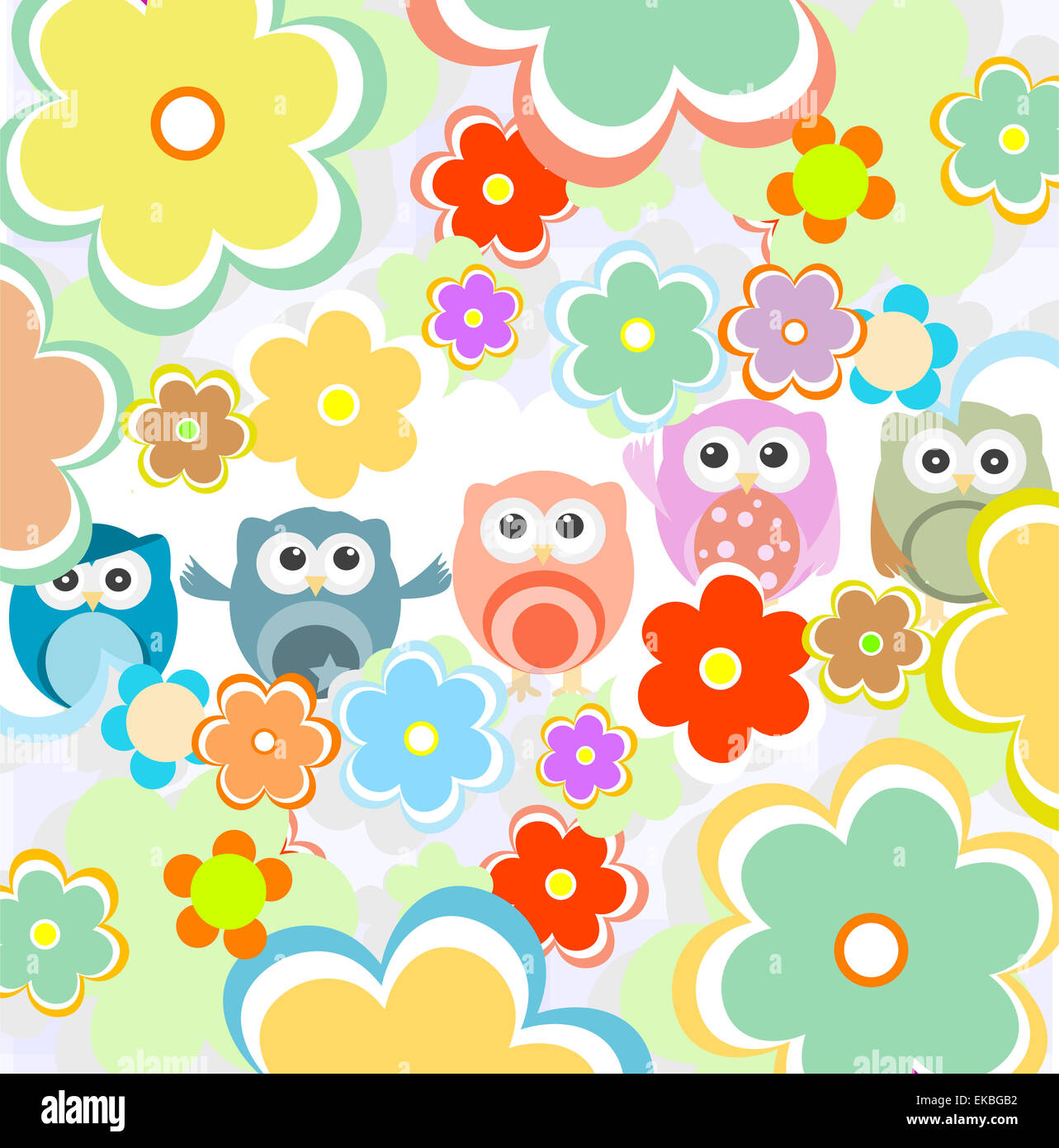 Background with flowers and cute owls Stock Photo - Alamy