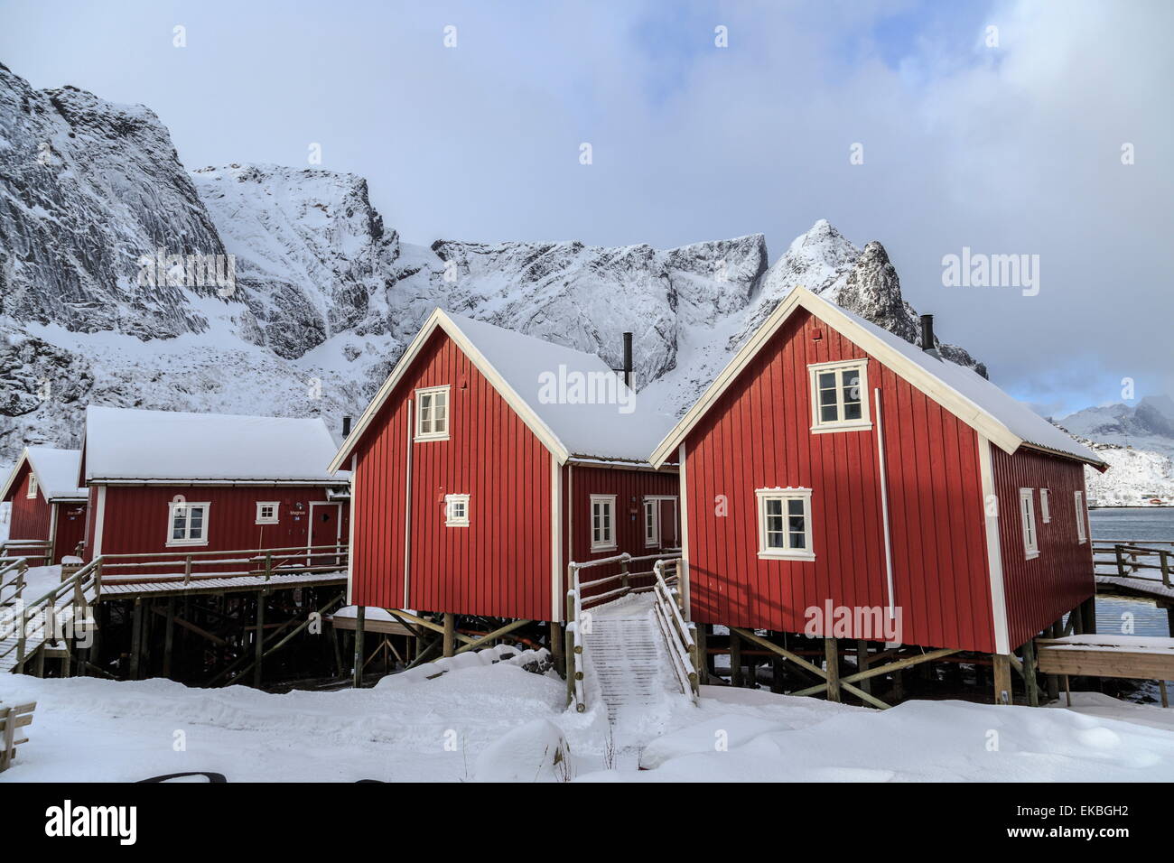 Fresh snow covering the typical Norwegian homes, the Rorbu, in the Lofoten Islands, Arctic