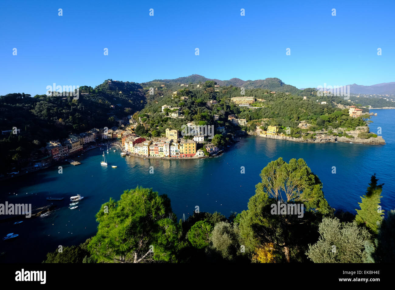The bay of Portofino seen from Castello Brown, Genova (Genoa), Liguria, Italy, Europe Stock Photo
