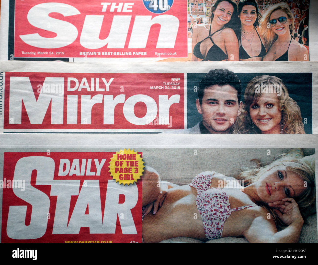 The 'red top' tabloid national newspapers The Sun, Daily Mirror & Daily Star, London Stock Photo