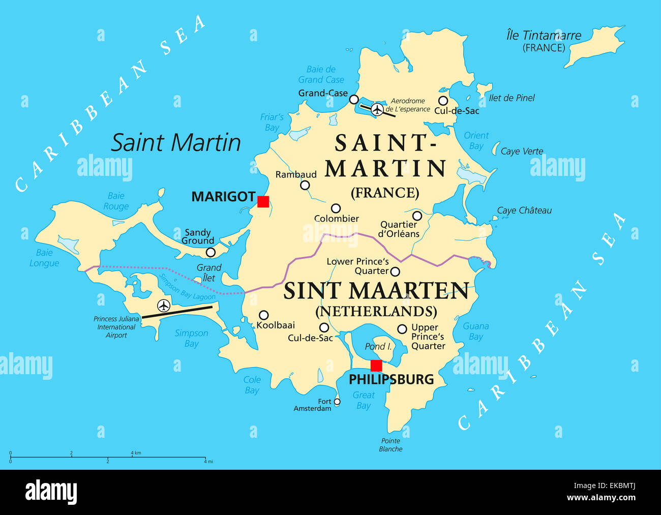 Saint Martin Island Political Map Stock Photo