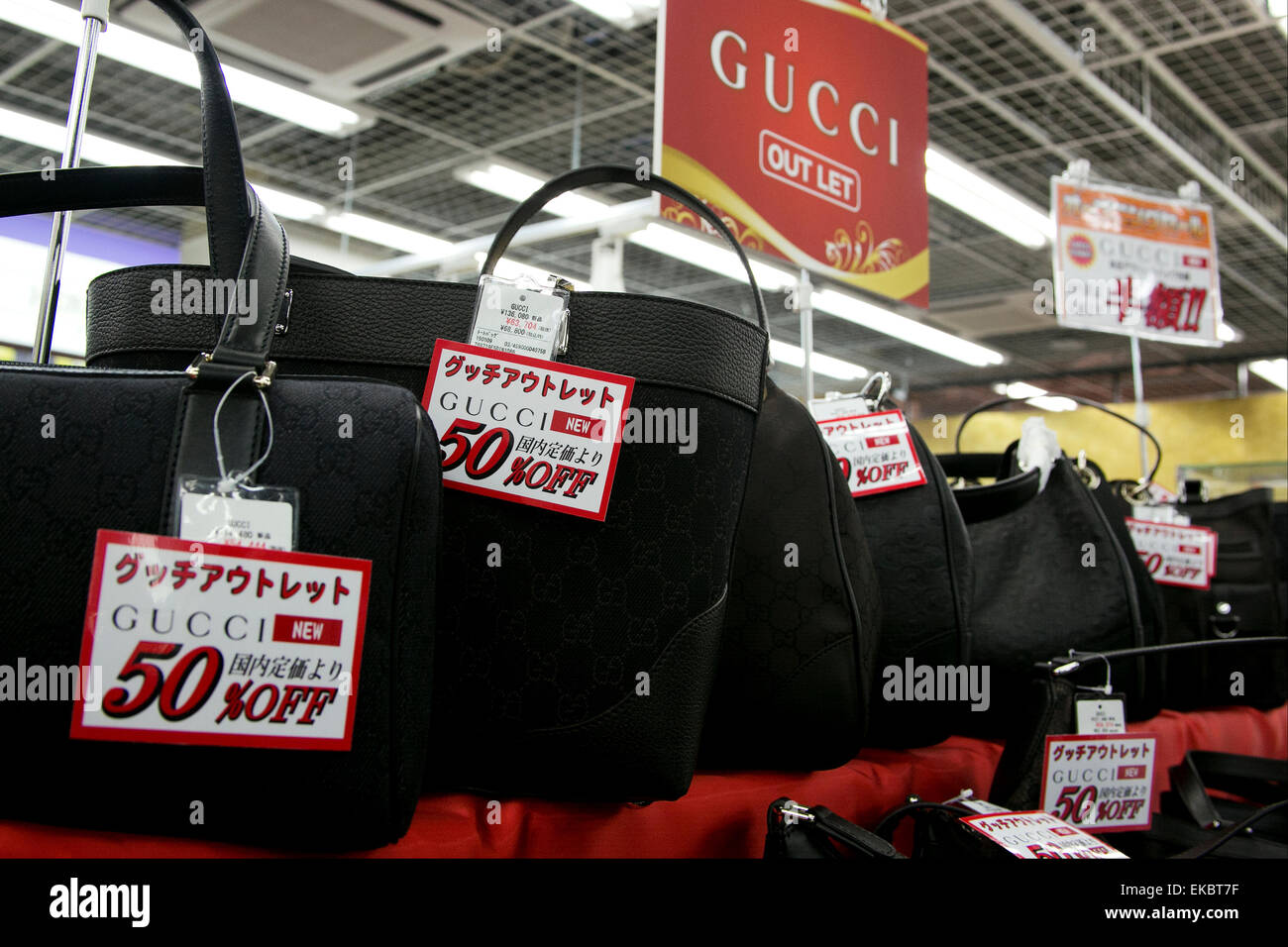 Luxury GUCCI bags on sale in the new store of Yamada Denki (LABI Amenity  and TAX FREE) Shimbashi-Ginza on April 9, 2015, Tokyo, Japan. The new  electronics and brand store opened its