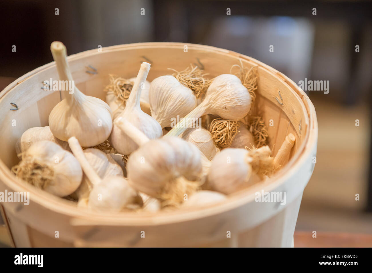Basket of organic garlic bulbs Stock Photo