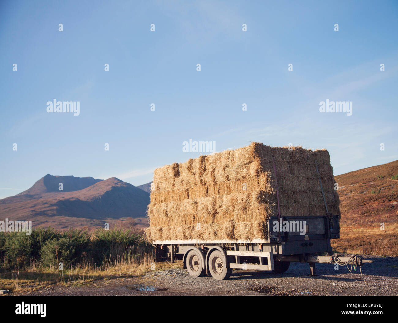 Trailer with haystack on roadside, North West Highlands, Scotland, UK Stock Photo