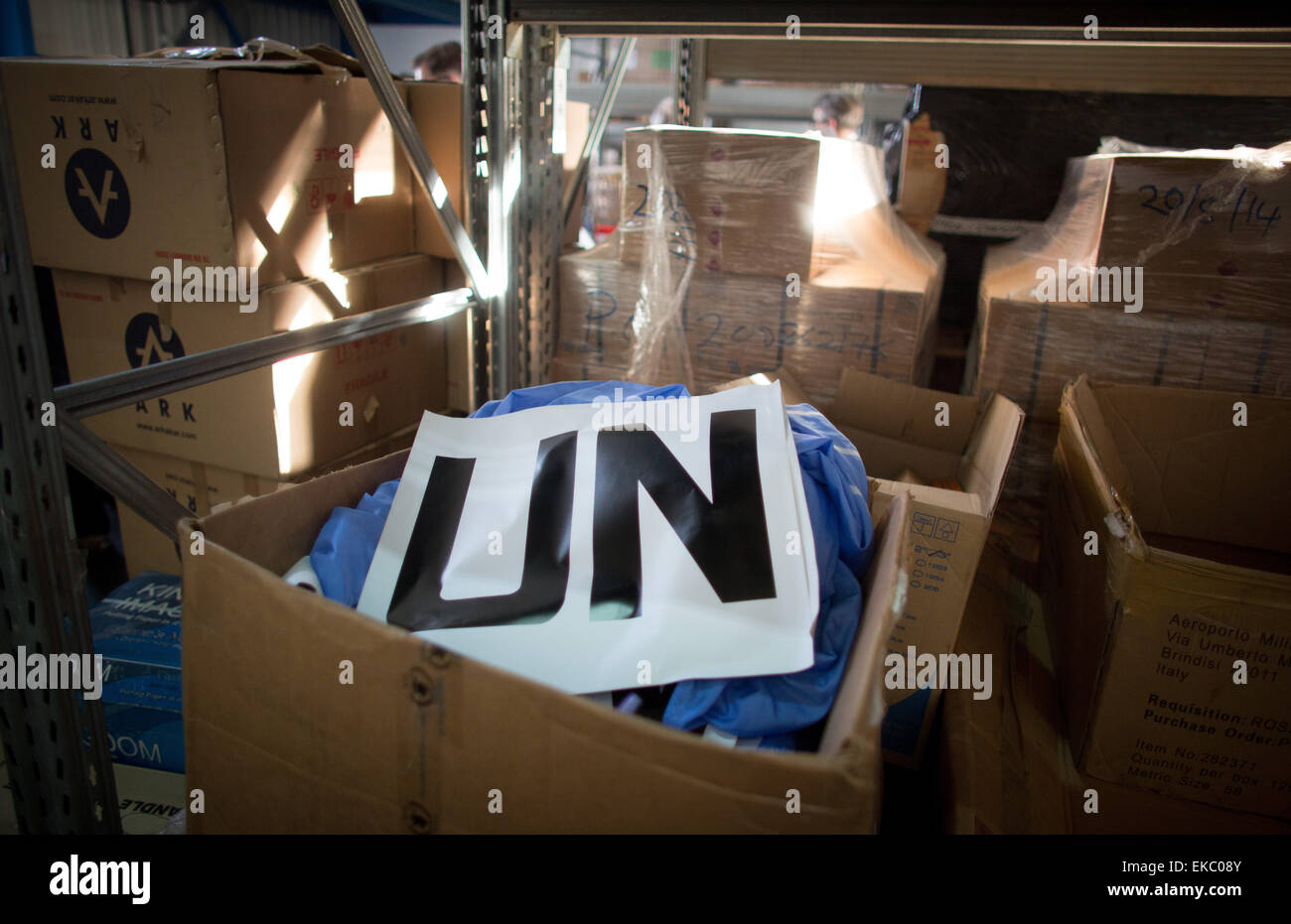 Un Signs Box Accra, Ghana. 08th Apr, 2015. A sticker reading UN lies on a box in the ...