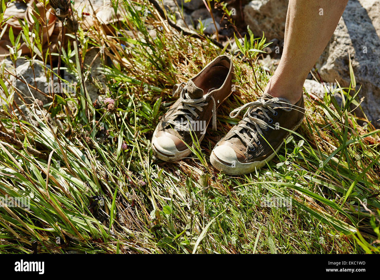 Cropped view of woman standing on one leg wearing trainers Stock Photo