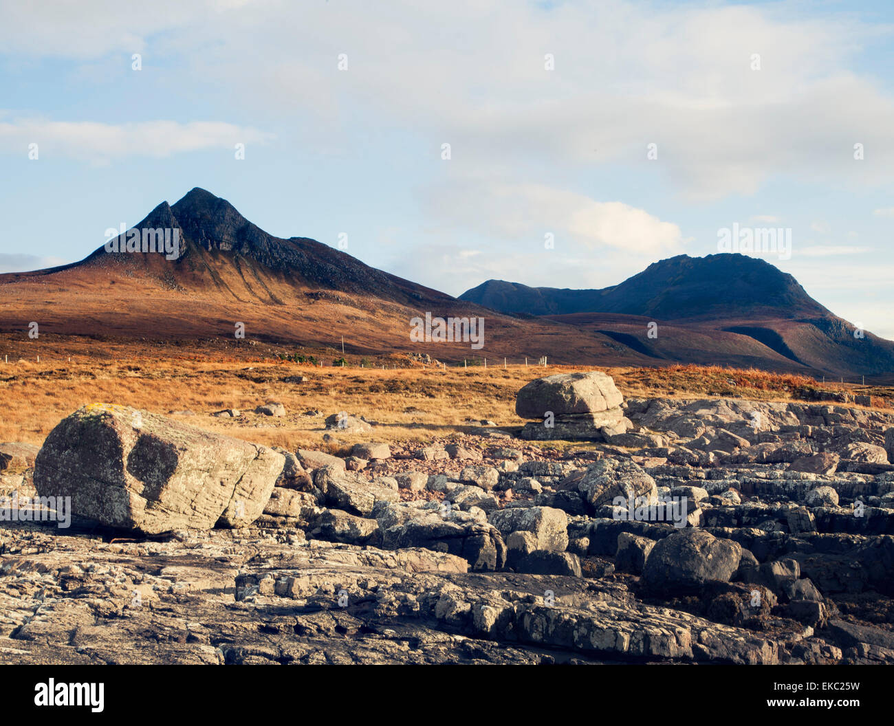 Rocks, boulders and mountain, Assynt, North West Highlands, Scotland, UK Stock Photo