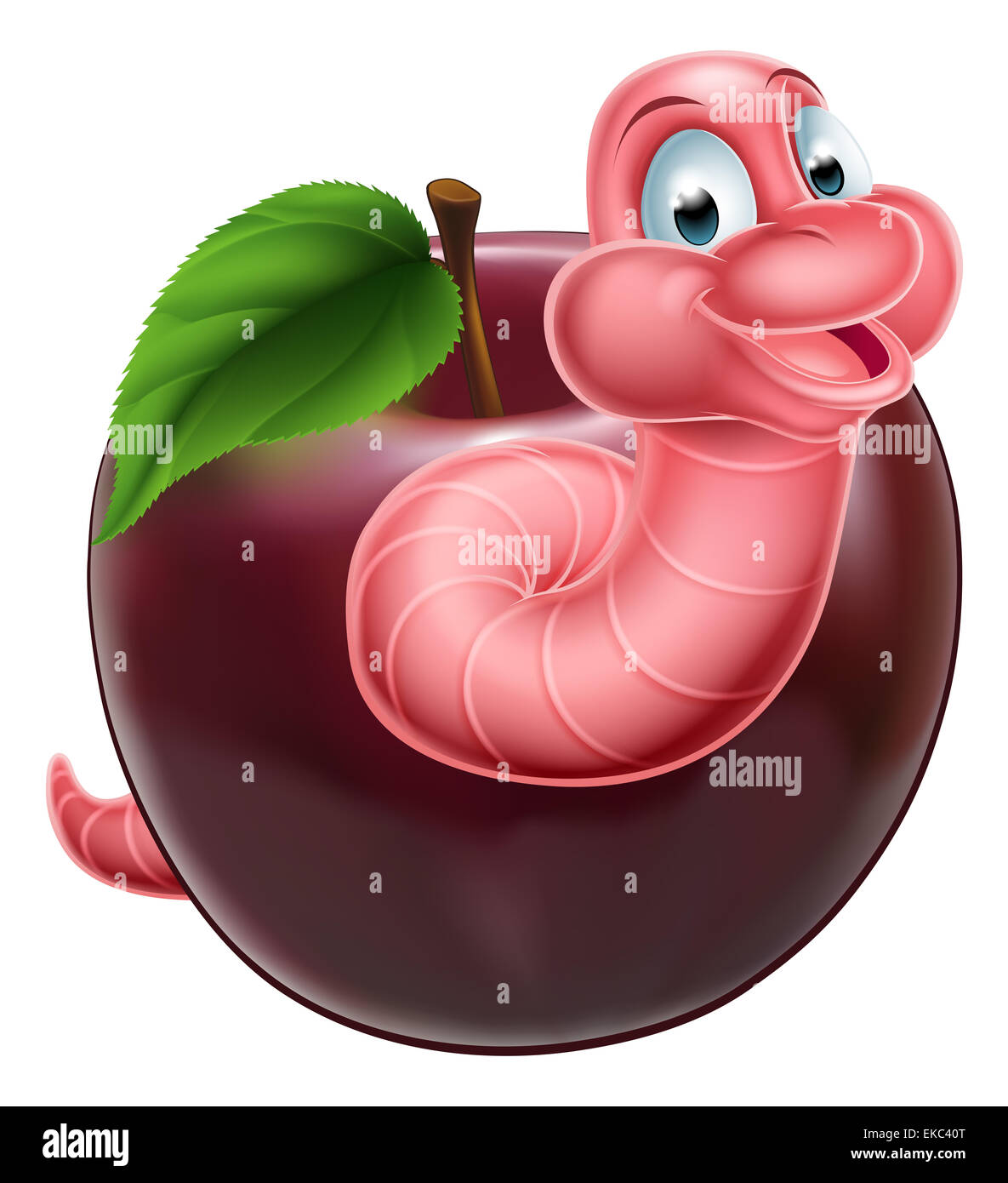 An illustration of a happy cute cartoon pink caterpillar worm character coming out of an apple Stock Photo